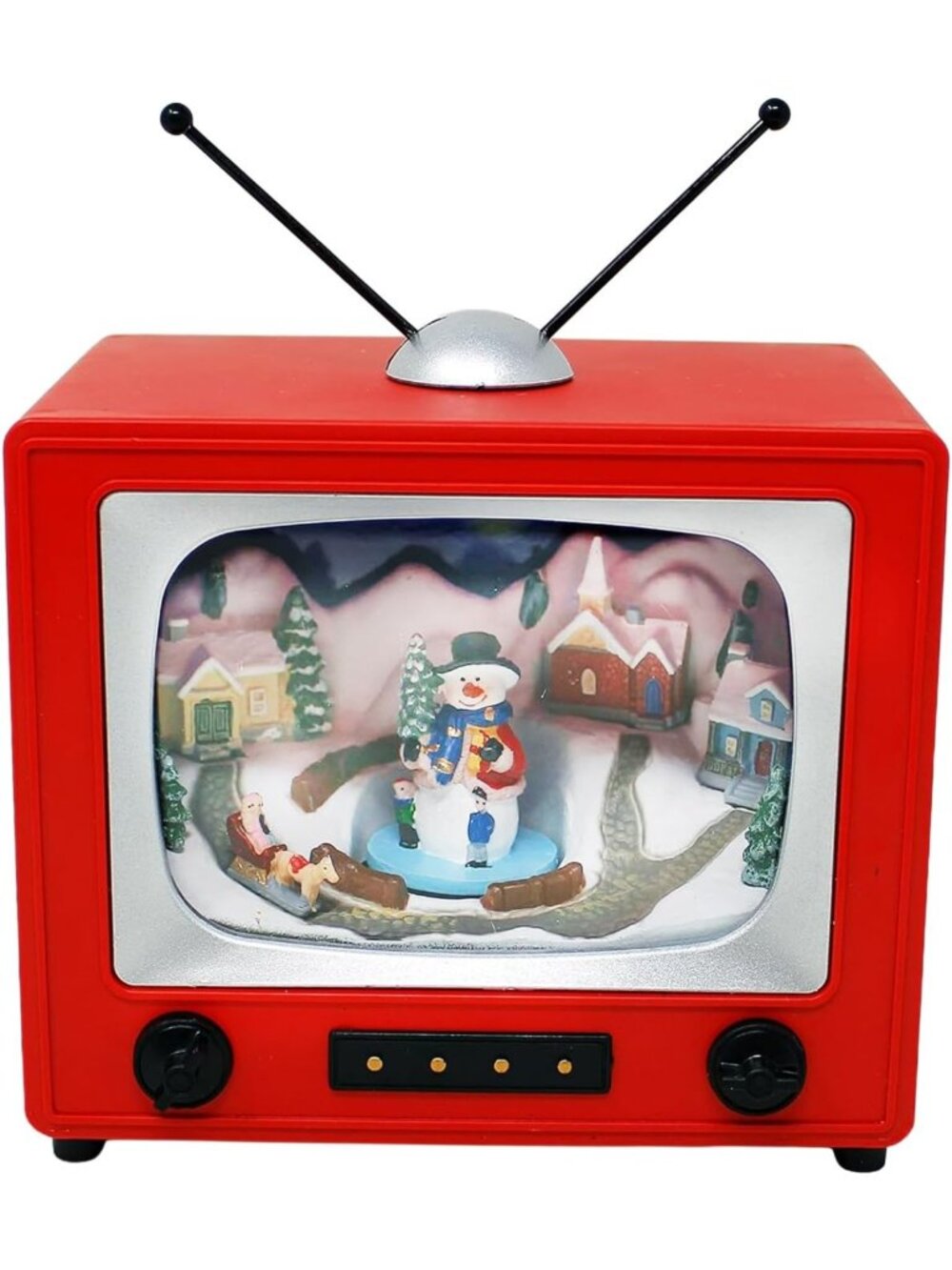 Red Retro TV with Animated Snowman & LED Lights - Christmas Decor, 8 Carols, 6